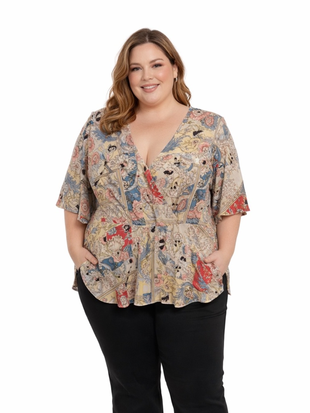 City Chic Floral Faux-Wrap Peplum Top